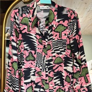 United In Motion Bold Pink & Green Abstract Button-Down Blouse